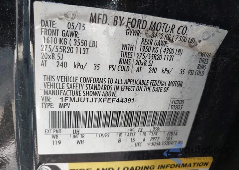 2015 Ford Expedition Xlt z USA, uszkodzony, nr VIN 1FMJU1JTXFEF44391